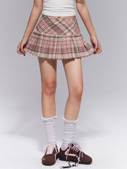 Plaid Lined Pleat Preppy Zipper Style Side Box A-Line Silhouette Pink with Skirt Mini