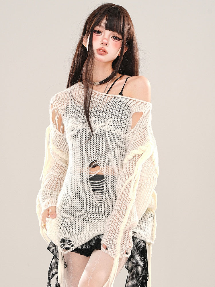 Gray and White Distressed Holes Asymmetrical Neckline Semi-sheer Knit Top