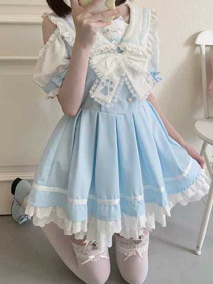 Trim Collar Blue Sailor Lace Daily Shoulder Cutout Kawaii Dress White with Design
