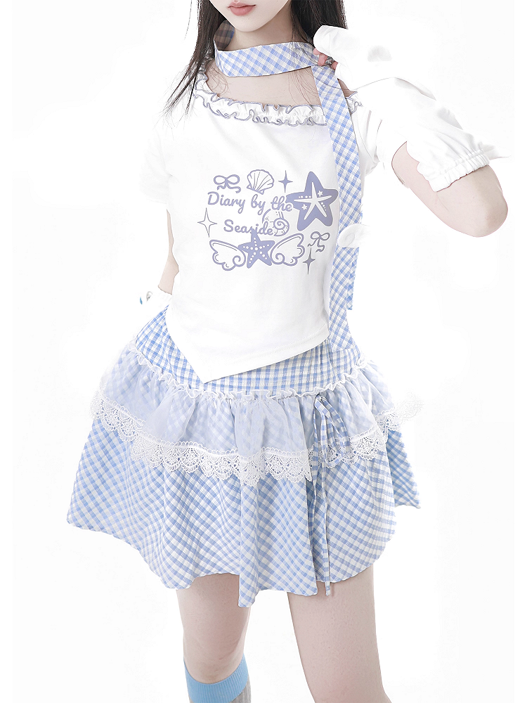 ブルーとスカーフのチェック柄、ピンク/ベビーヒトデと貝殻のプリント、フリル、アシンメトリーネックラインのTシャツ