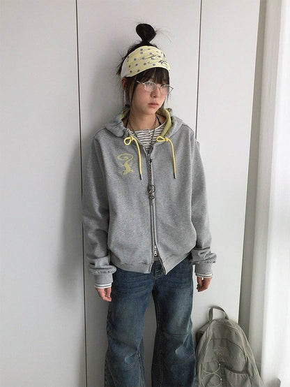 Retro Fall Gray Hooded Zip Jacket with Gecko Motif and Striped Accents - innomoood