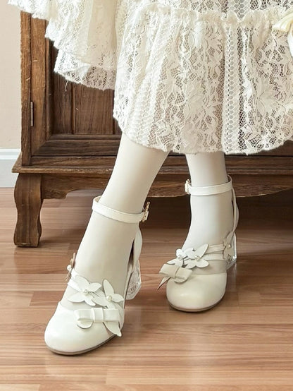 Sandals - White Leather for Decor Bow PU Lolita Elegance Mid-heel