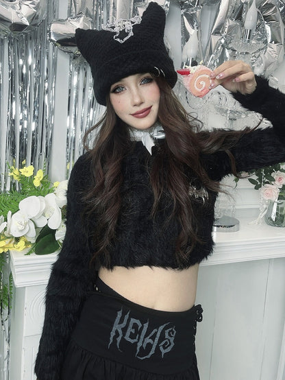 Punk Black Cat Ears Cross Patch Knit Hat