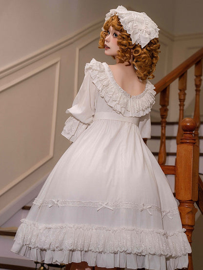 Weißes Lolita-Kleid mit kurzer Taille und hohen Ärmeln