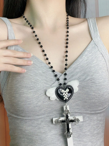 Black & White Y2K Heart Wing Cross Necklace - Kiwi Store