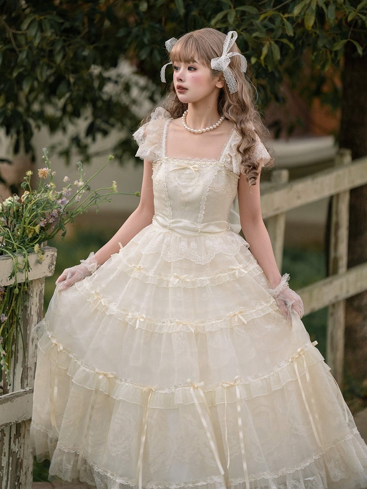 Perlen Schleife Creme Prinzessin Akzente Weiß Ausschnitt Band Kleid Lolita