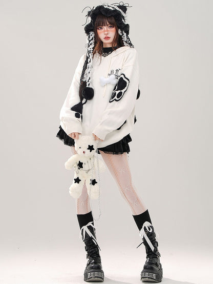 Black/White Cute Paw Appliques Puppy Ears Hoodie