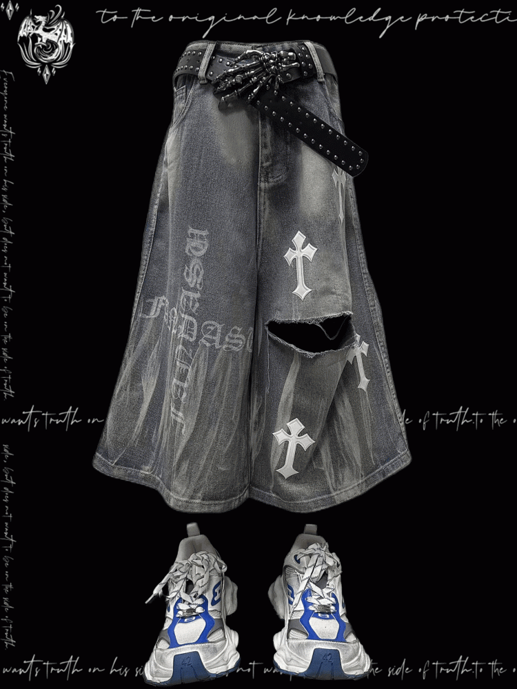 Y2K Blaue Jeans mit weitem Bein und Kreuzapplikationen im Used-Look