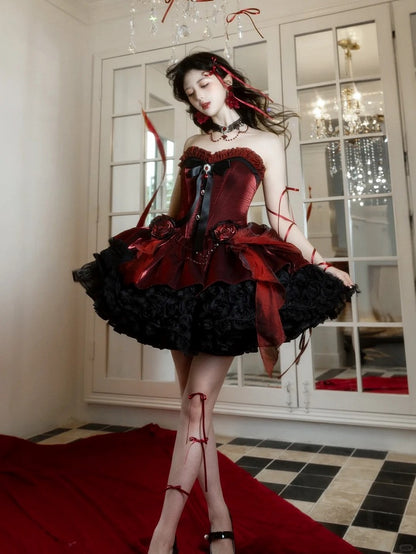 Lolita Bouquet Strapless Boned Red Gothic Hem with Black Rose Dress