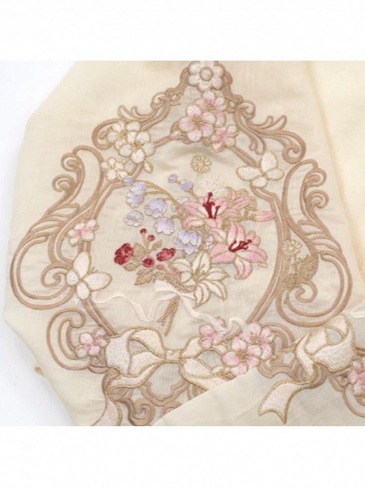 Hanfu-Inspired Beige Floral Embroidered Long-Sleeve Top with Lace - Yimu Walnut