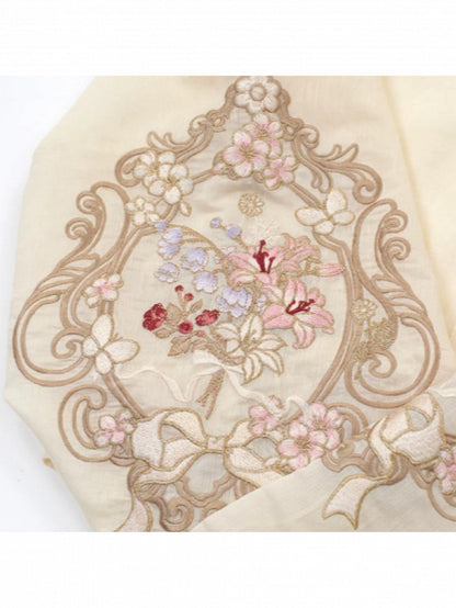 Hanfu-Inspired Beige Floral Embroidered Long-Sleeve Top with Lace - Yimu Walnut