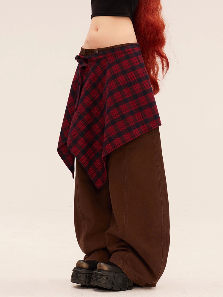 ヴィンテージグレー/ブラウンダーク、チェック柄ウエストアクセサリー付きワイドレッグパンツ ローライズ