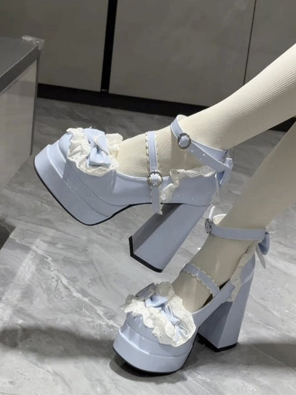 Light Sweet PU Heels Lolita Circle High Buckle with Blue