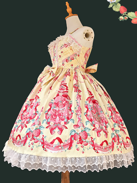 Bow with Pink Yellow Details Strawberry Hem Lace and Dress Lolita Print Sweet