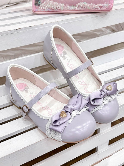 Low-Heel Purple Sophisticated Lolita Shoes - Ornate Heart Bow with Delicate Lace & Scalloped Hemline