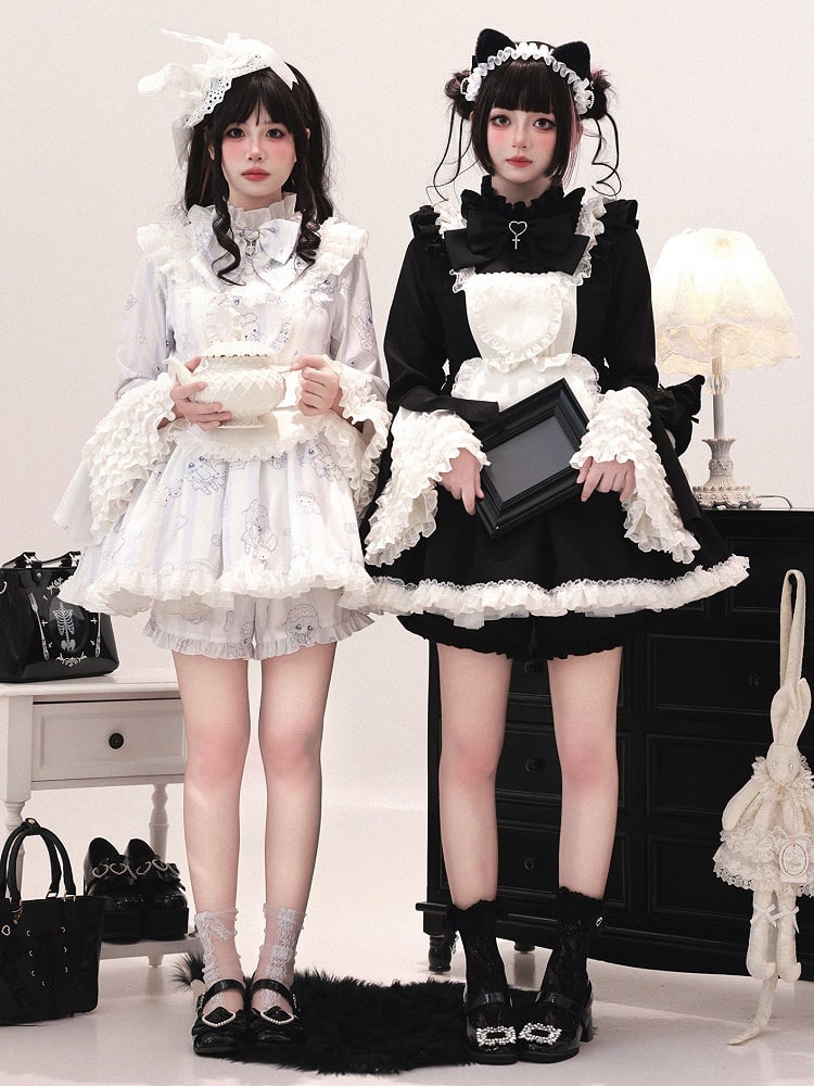 Jirai Kei Light Blue Printed Maid Ensemble - Tiered Bell Sleeve Dress with Detachable Apron & Matching Shorts