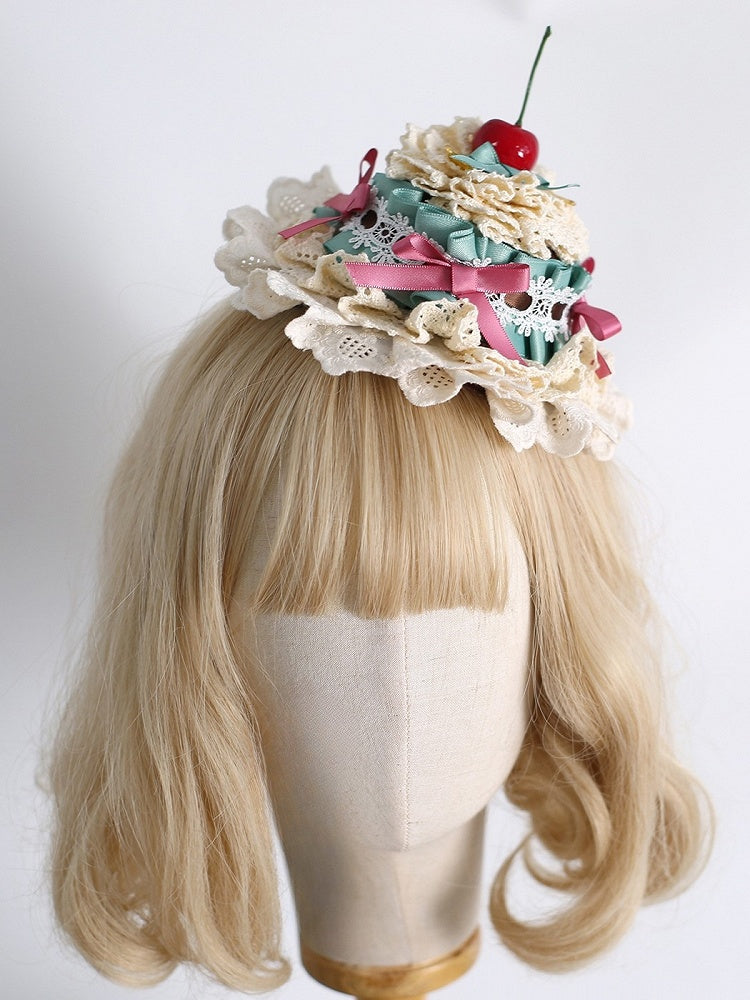 Cherry Hat Lace Sweet Mini Lolita Details Bowknot GreenPink Decorated Trim