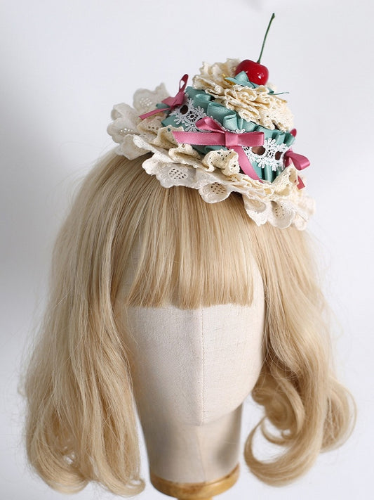 Cherry Hat Lace Sweet Mini Lolita Details Bowknot GreenPink Decorated Trim