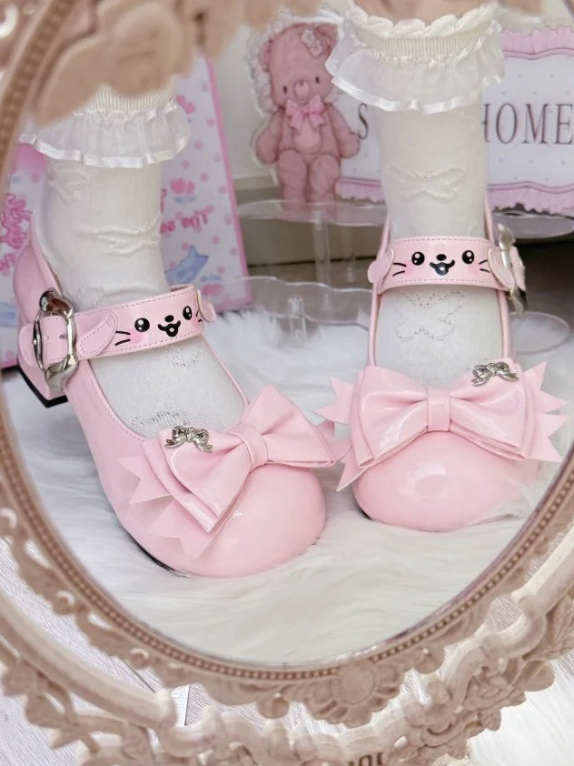 - Mid-heel Sweet Puppy Theme Mary with Dog Janes PU Lolita Pink
