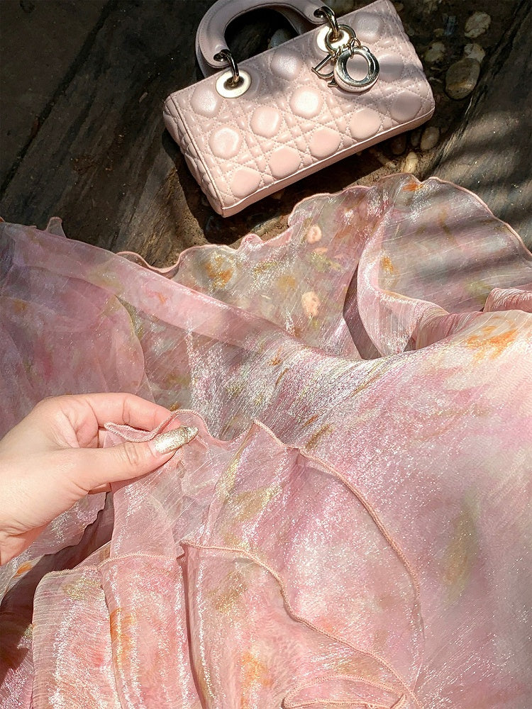 Pink Oil Painting Print Ruffle Trim Summer Holiday Dress - Qchiwawameme