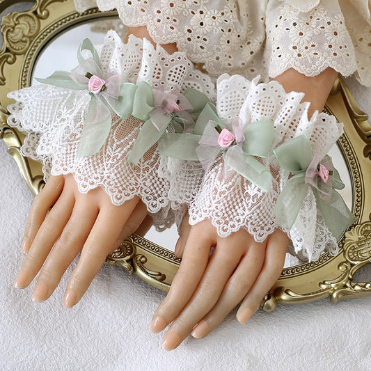 Lace Cuffs Cute Fresh Green Bowknot Camellias Wrist With Pink Lolita White