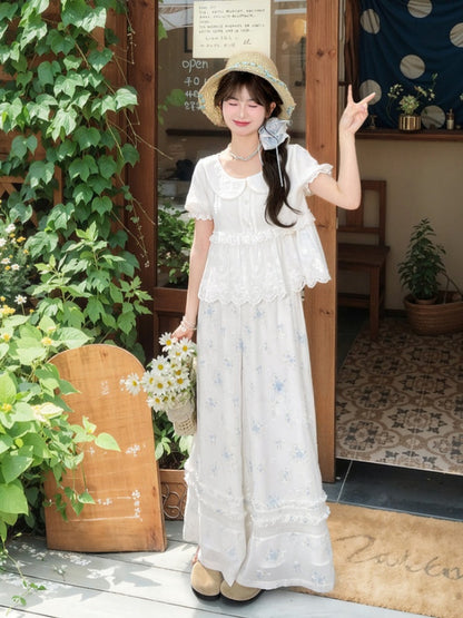 Blaue Blumenmuster-Version Weiße Chiffon-Taille Weite Beinhose Elastisch Normal/Kurz