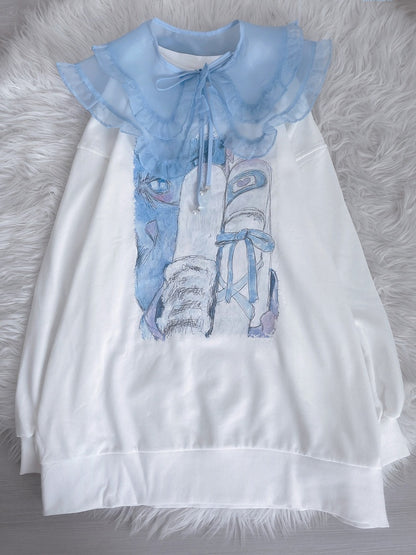 Tenshi Core Jirai Kei Light Blue Printed Sweatshirt Dress with Detachable Organza Faux Collar