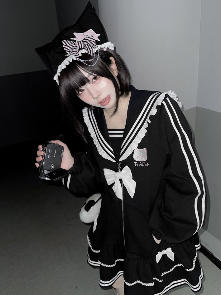 Stickerei Reißverschluss Kitty Jirai Kei Kragen Kleid Schwarz Landmine Stil Sailor Verschluss