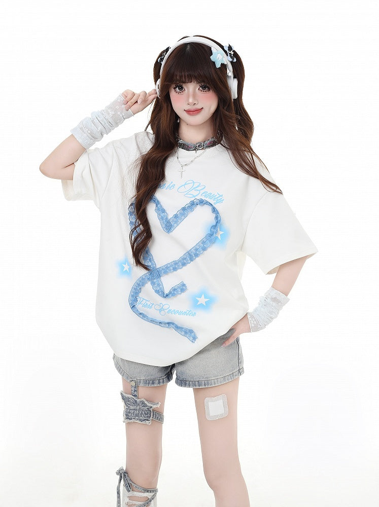 デザインアームウェアフリーハート型レースホワイト/ライトブルーTシャツ