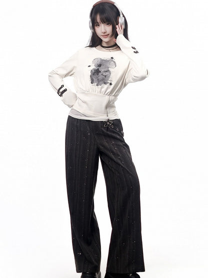 Buckle-Strapped Straight Trousers with Glittering Star Stripe Motif in Black - PINK SAVIOR
