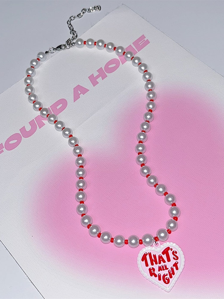 Pendant Letter Y2K Print Heart Beaded Pearl Necklace Red With
