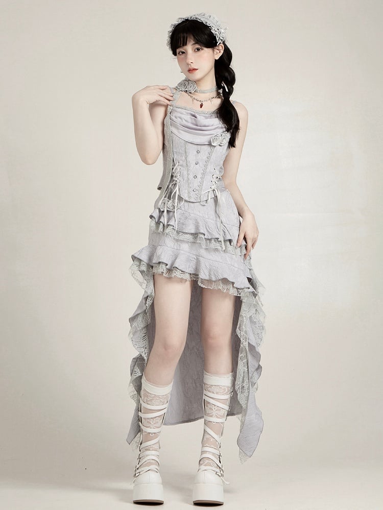 Lolita Silver Gray cowl Corset Witch Neckline Top Boned