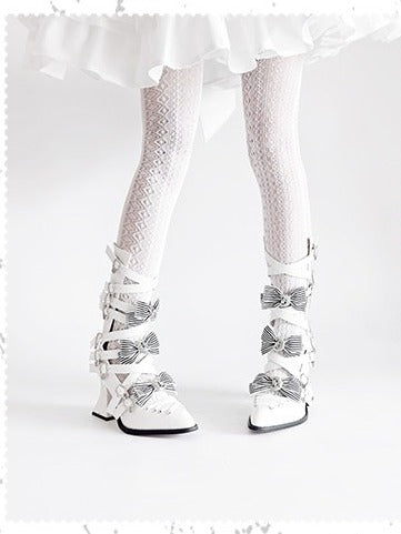 Pointed Toe White Boots with Striped Bow & Buckle Straps - NRose
