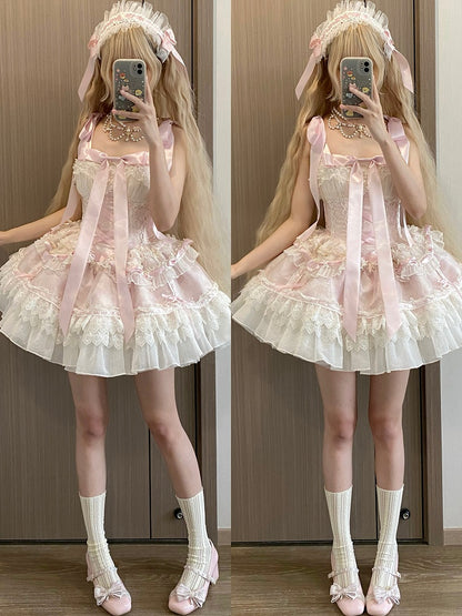 Balletcore Lolita-Pulloverrock mit Taillenstäbchen, Prinzessinnen-Baskenrock, Rosa