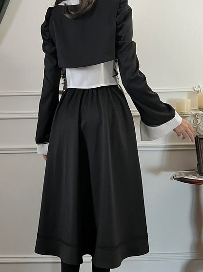 Black And White Gothic Butterfly Buckle Fake Two-piece Design Top＋ Black Tea Length Skirt Set