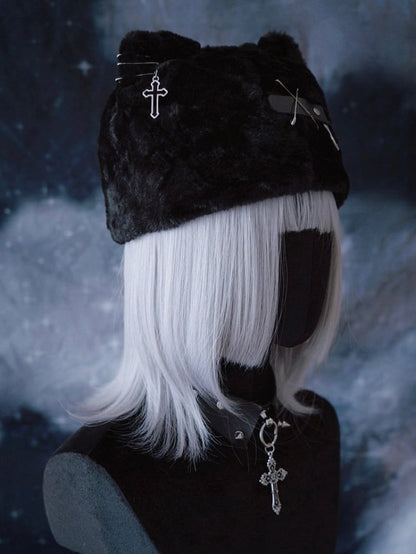 Black Punk Plush Cat Ear Hat with Metal Buckle - Strange Sugar