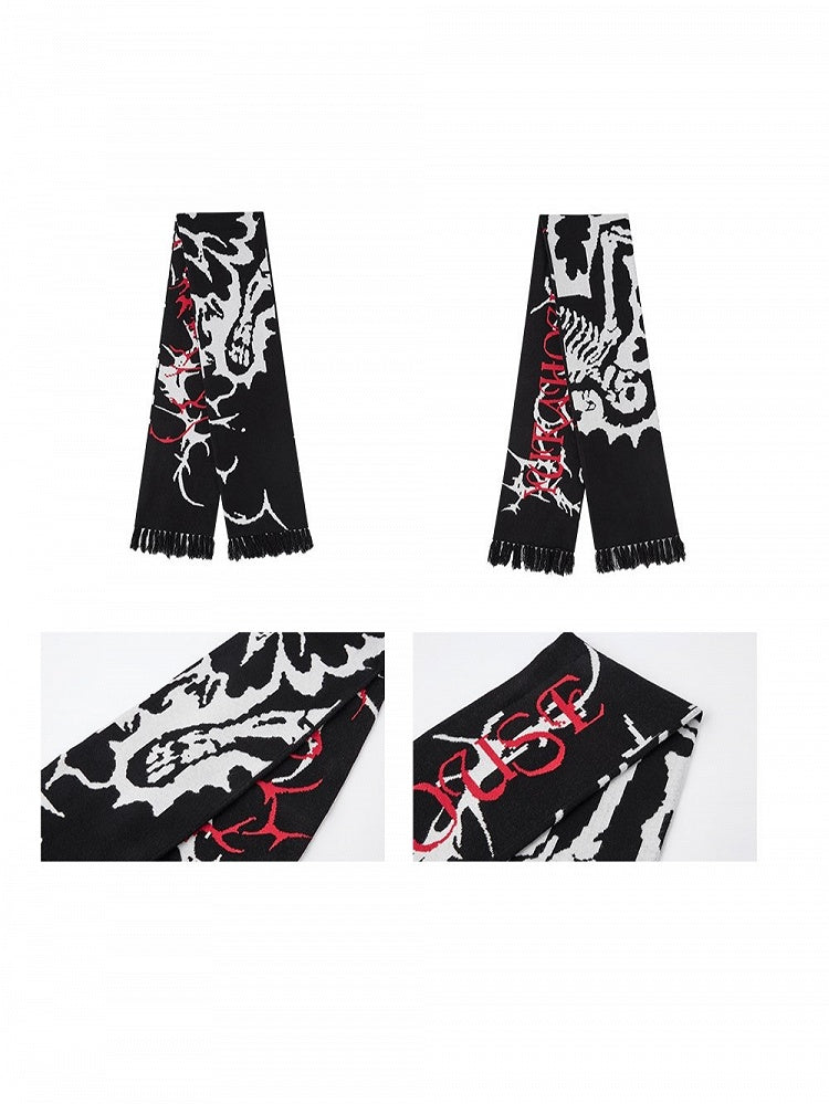 Print Skeleton with Black Scarf Red Punk Text