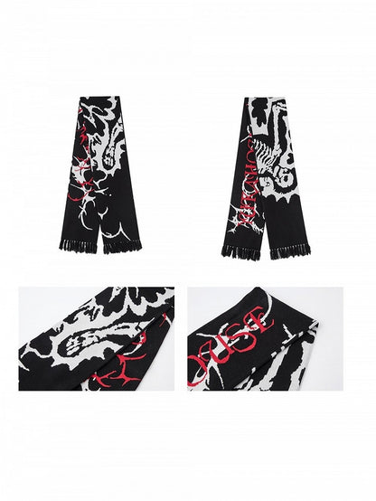 Print Skeleton with Black Scarf Red Punk Text