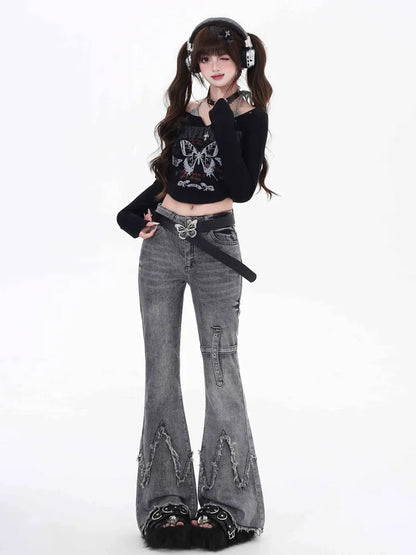 スリム ローフィット エッジ フレア グレー ジーンズ