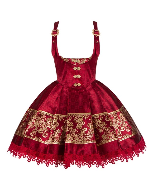 Dress Chinoiserie Waist Short Lolita New Bust Under Version Red Boned Gold Year