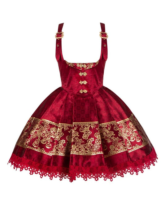 Dress Chinoiserie Waist Short Lolita New Bust Under Version Red Boned Gold Year