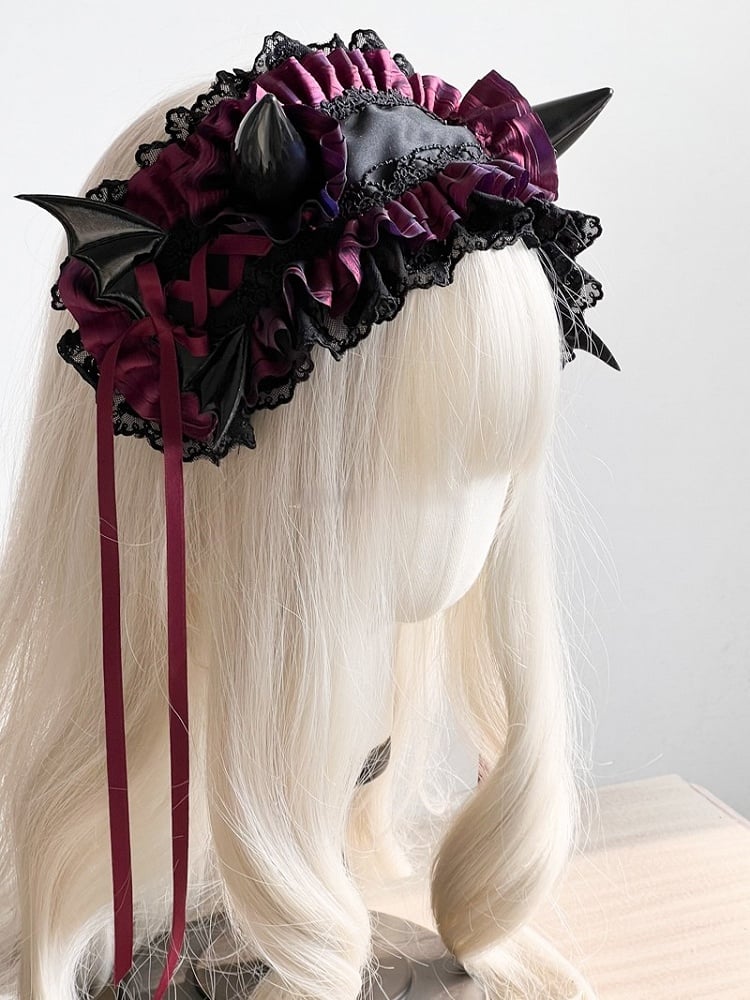 Lace Gothic and – Horn Ruffles Accents Hairband Black with Devil