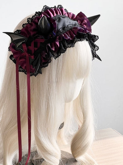 Lace Gothic and – Horn Ruffles Accents Hairband Black with Devil