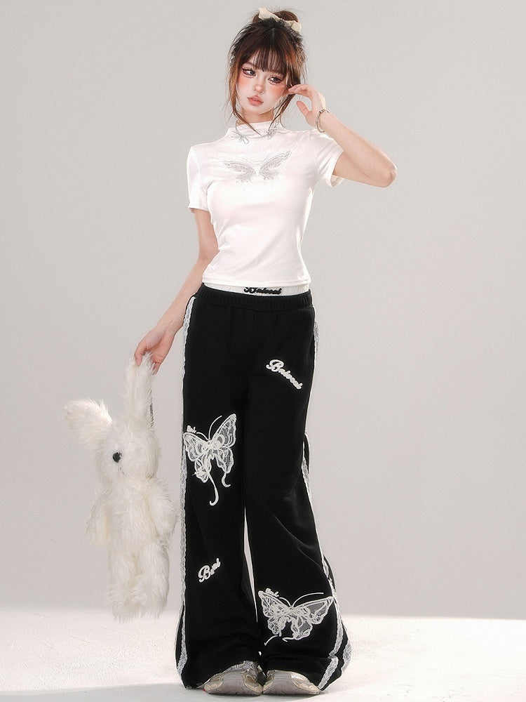 ブラック/ホワイト バタフライ モックネック Tシャツ 背中にレースパッチワーク