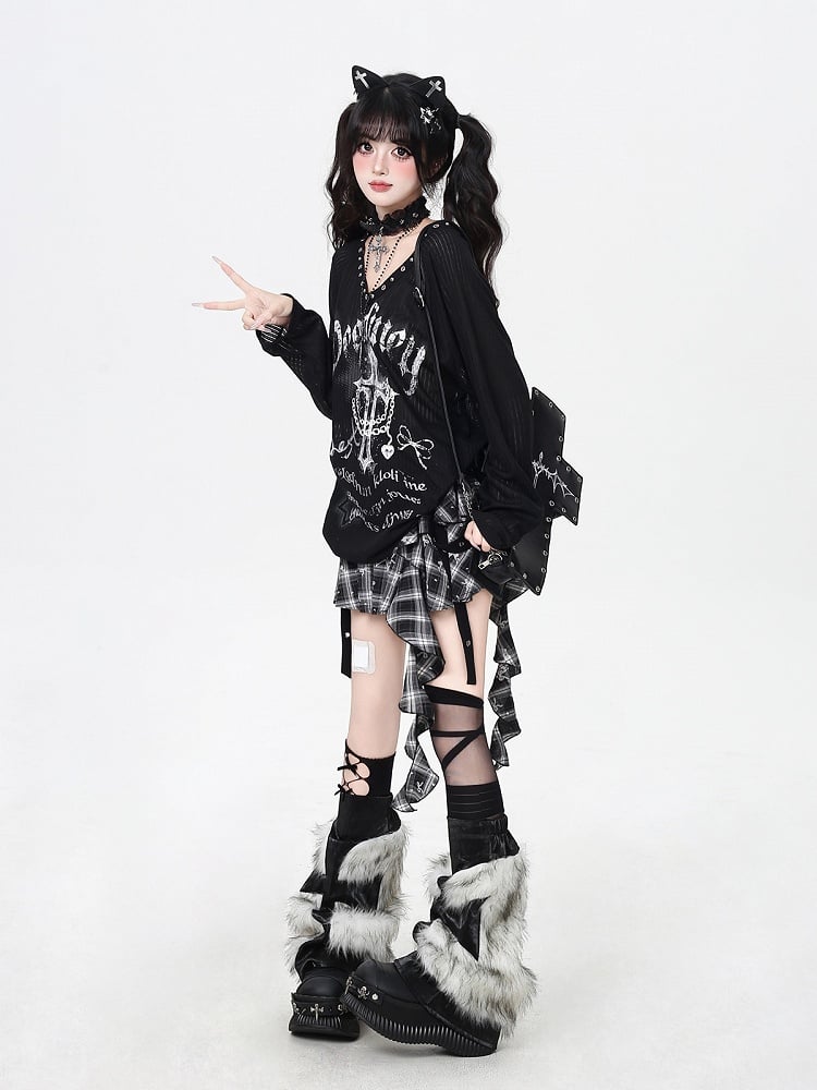 Graffiti with Punk Print Eyelet Top Neckline Semi-Sheer Black Metallic