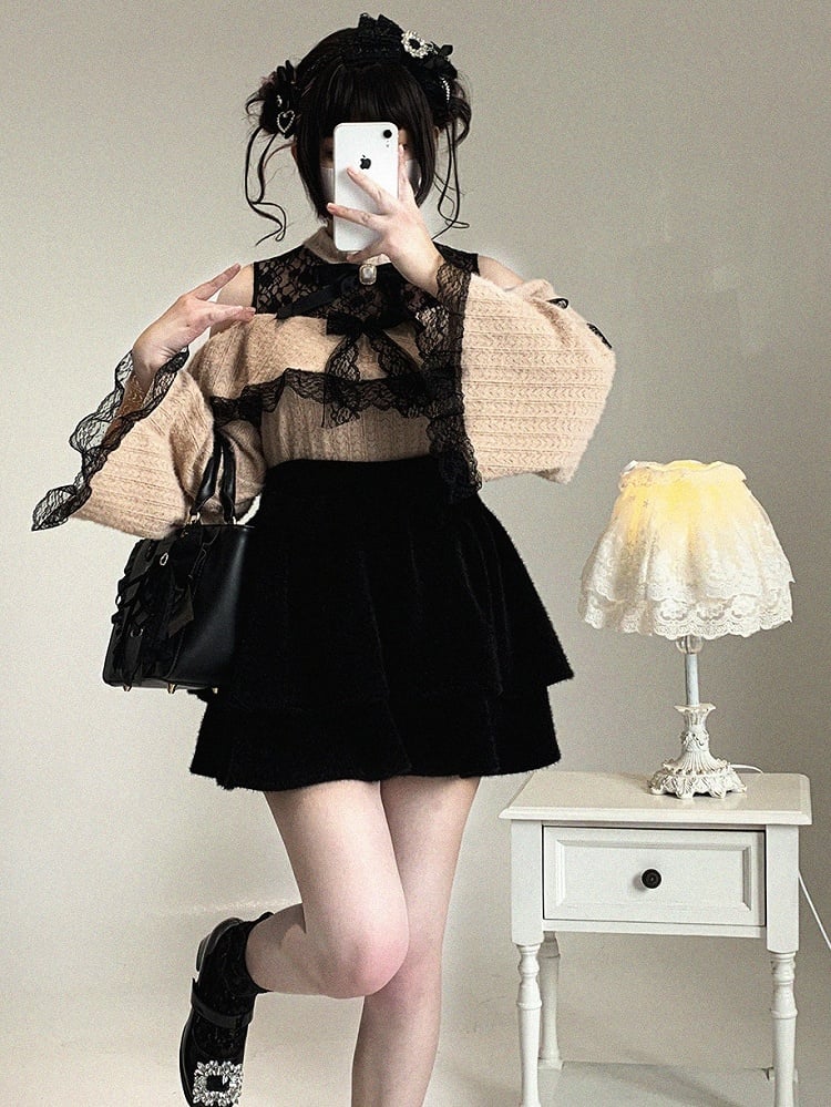 Double-Layer Pom-Pom Bow Skirt Jirai Kei Pink/Black/Off-White Ruffle Decor