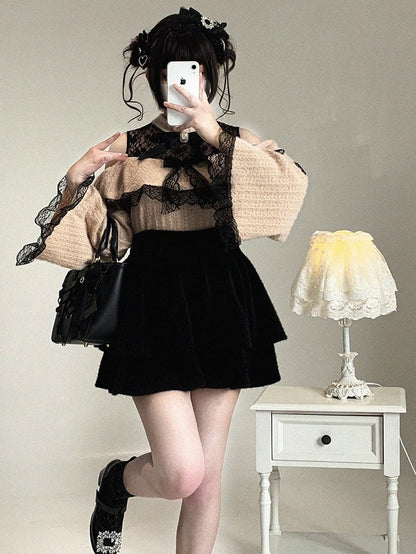 Double-Layer Pom-Pom Bow Skirt Jirai Kei Pink/Black/Off-White Ruffle Decor