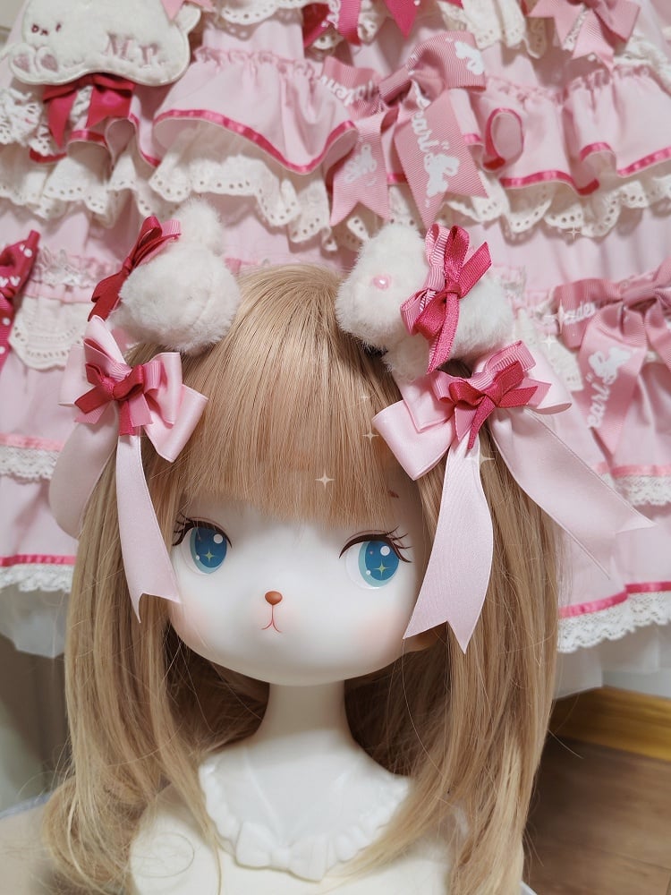 White Bowknot Mini Hairclips Lolita Bunny Plush Sweet