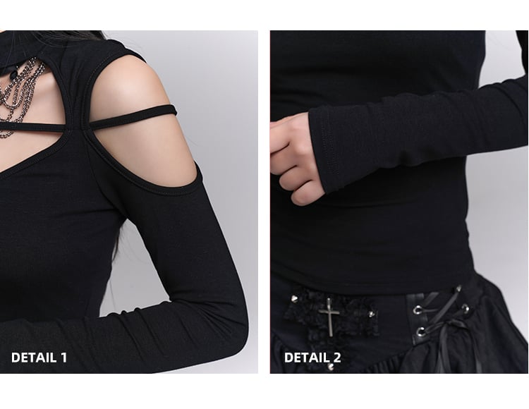 ブラック クルーネック カットアウト ショルダー クロス エンベリッシュド トップス