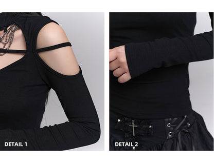 ブラック クルーネック カットアウト ショルダー クロス エンベリッシュド トップス